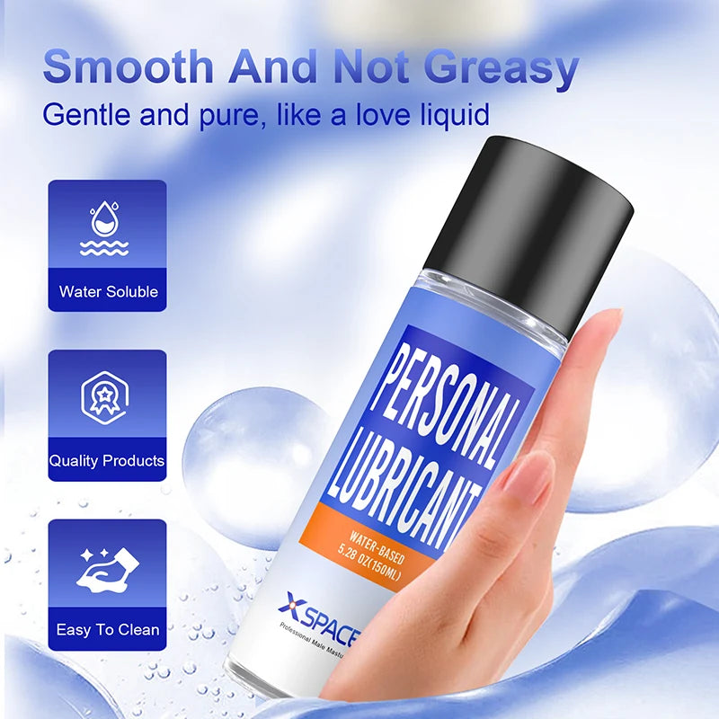 Angled view of water-based lube bottle – soft texture and non-sticky formula