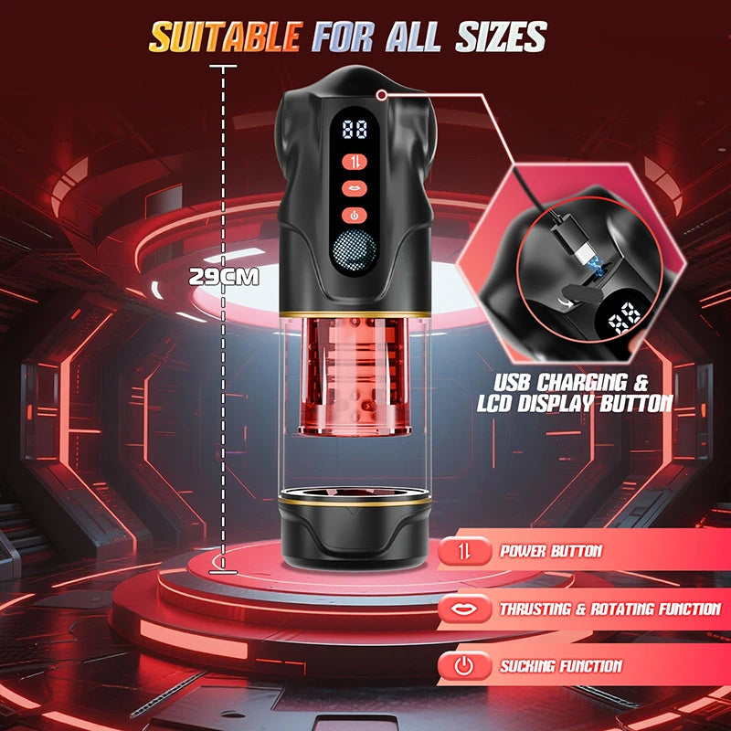 PA14 - 9 Sucking Thrusting Rotating Men Massage Stroker Cup with LCD Visual Screen