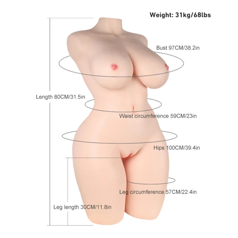 Lauren - 68.34 lbs Super Realistic BBW Silicone Sex Torso with Big Boobs Areola