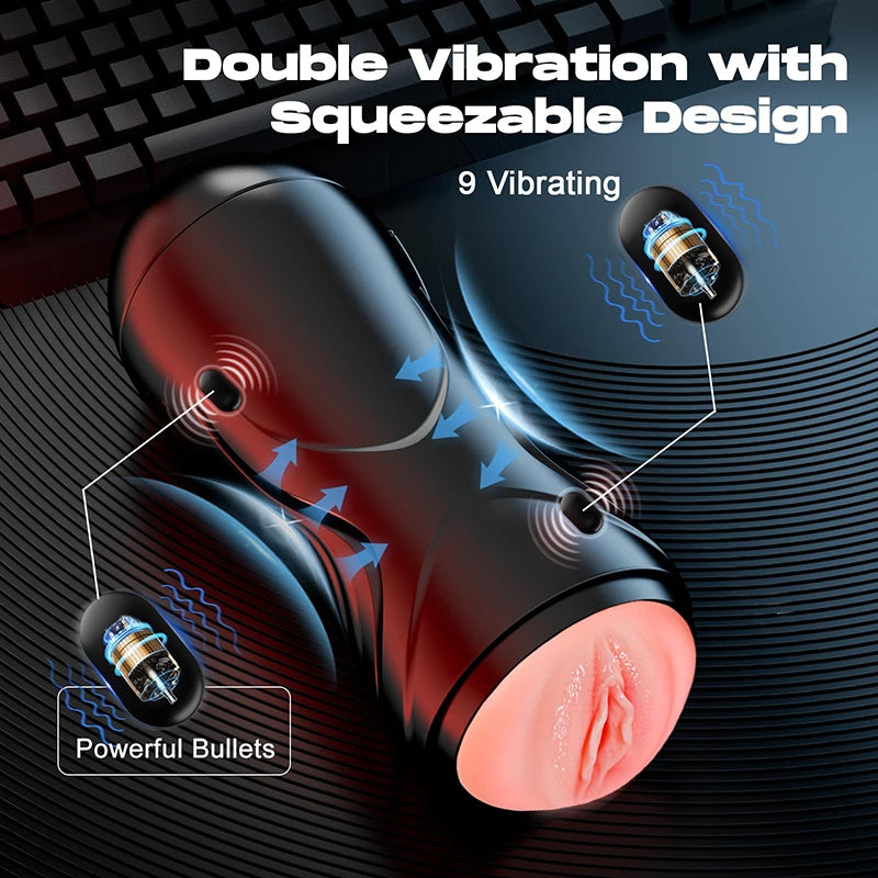 PA16 - Realistic 9 Vibration Vagina Masturbator with Double Channels